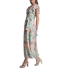 DKNY by Donna Karan Chiffon Floral Tiered V-Neck Short Flutter Sleeve Maxi Dress