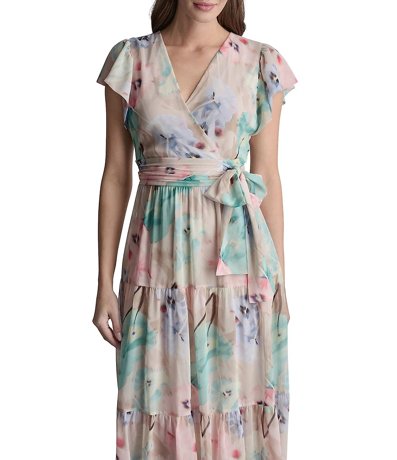 DKNY by Donna Karan Chiffon Floral Tiered V-Neck Short Flutter Sleeve Maxi Dress