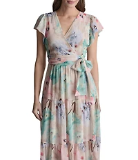 DKNY by Donna Karan Chiffon Floral Tiered V-Neck Short Flutter Sleeve Maxi Dress