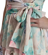 DKNY by Donna Karan Chiffon Floral Tiered V-Neck Short Flutter Sleeve Maxi Dress