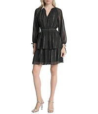DKNY by Donna Karan Chiffon Keyhole Neck Long Sleeve Tiered Skirt Fit And Flare Dress