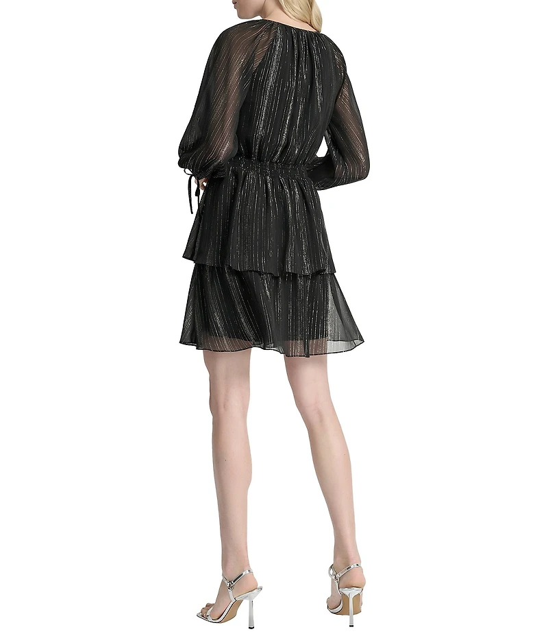 DKNY by Donna Karan Chiffon Keyhole Neck Long Sleeve Tiered Skirt Fit And Flare Dress