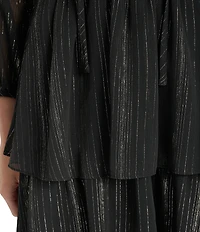 DKNY by Donna Karan Chiffon Keyhole Neck Long Sleeve Tiered Skirt Fit And Flare Dress