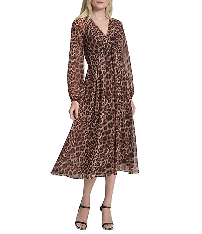 DKNY by Donna Karan Chiffon Leopard Print Long Bubble Sleeve Empire Waist Midi Dress