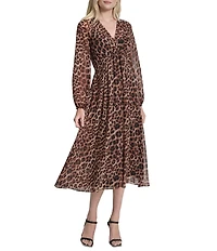 DKNY by Donna Karan Chiffon Leopard Print Long Bubble Sleeve Empire Waist Midi Dress