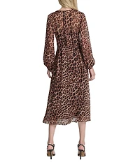 DKNY by Donna Karan Chiffon Leopard Print Long Bubble Sleeve Empire Waist Midi Dress