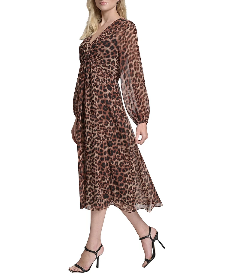 DKNY by Donna Karan Chiffon Leopard Print Long Bubble Sleeve Empire Waist Midi Dress