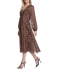 DKNY by Donna Karan Chiffon Leopard Print Long Bubble Sleeve Empire Waist Midi Dress