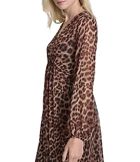 DKNY by Donna Karan Chiffon Leopard Print Long Bubble Sleeve Empire Waist Midi Dress