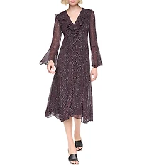 DKNY By Donna Karan Chiffon Long Bell Sleeve V Neck Asymmetrical Hem Midi Dress