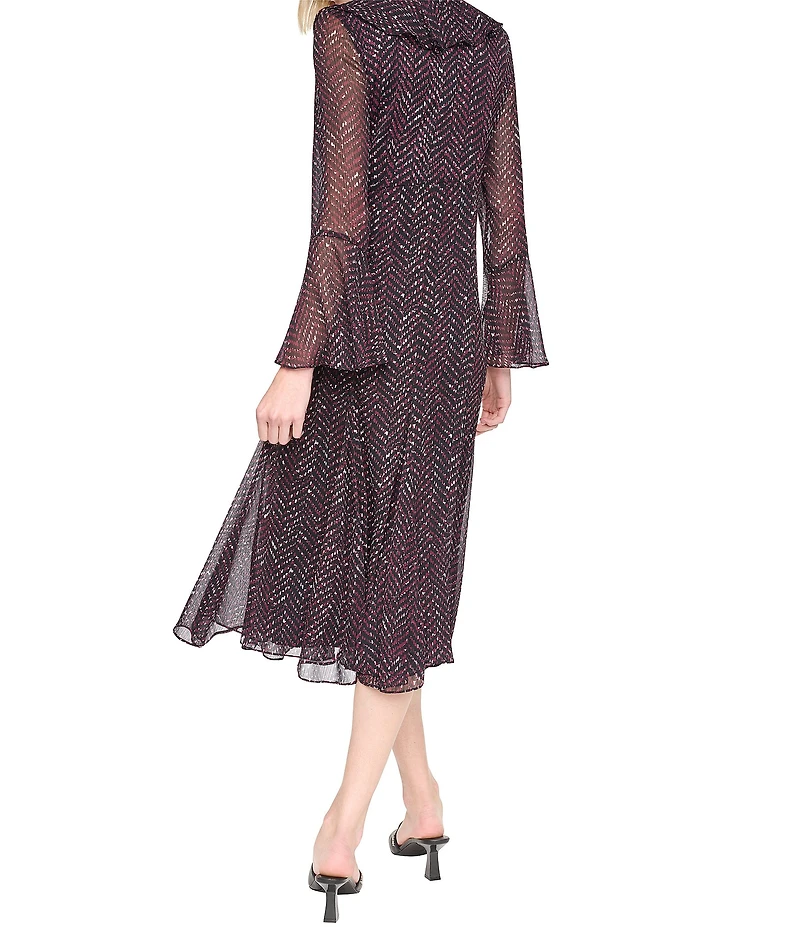 DKNY By Donna Karan Chiffon Long Bell Sleeve V Neck Asymmetrical Hem Midi Dress