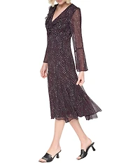 DKNY By Donna Karan Chiffon Long Bell Sleeve V Neck Asymmetrical Hem Midi Dress