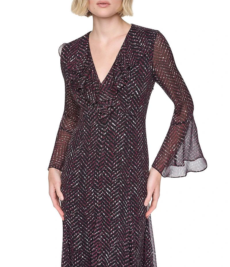DKNY By Donna Karan Chiffon Long Bell Sleeve V Neck Asymmetrical Hem Midi Dress
