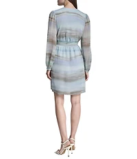 DKNY by Donna Karan Chiffon Long Sleeve V-Neck Ombre Stripe Mini Dress