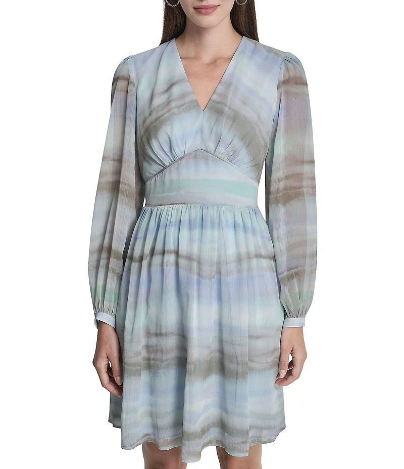 DKNY by Donna Karan Chiffon Long Sleeve V-Neck Ombre Stripe Mini Dress