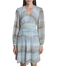 DKNY by Donna Karan Chiffon Long Sleeve V-Neck Ombre Stripe Mini Dress