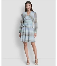 DKNY by Donna Karan Chiffon Long Sleeve V-Neck Ombre Stripe Mini Dress