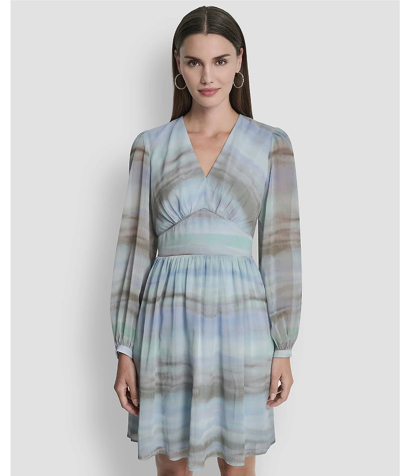 DKNY by Donna Karan Chiffon Long Sleeve V-Neck Ombre Stripe Mini Dress