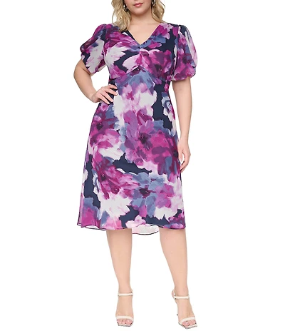 DKNY By Donna Karan Chiffon Plus Size Short Sleeve V Neck Floral Print Dress