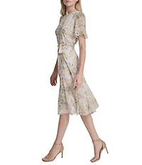 DKNY by Donna Karan Chiffon Short Flutter Sleeve Belted A-Line Midi Floral Dress