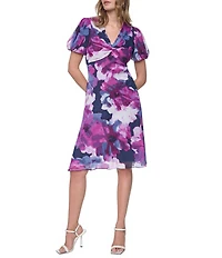 DKNY By Donna Karan Chiffon Short Sleeve V Neck Floral Print Dress