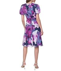 DKNY By Donna Karan Chiffon Short Sleeve V Neck Floral Print Dress