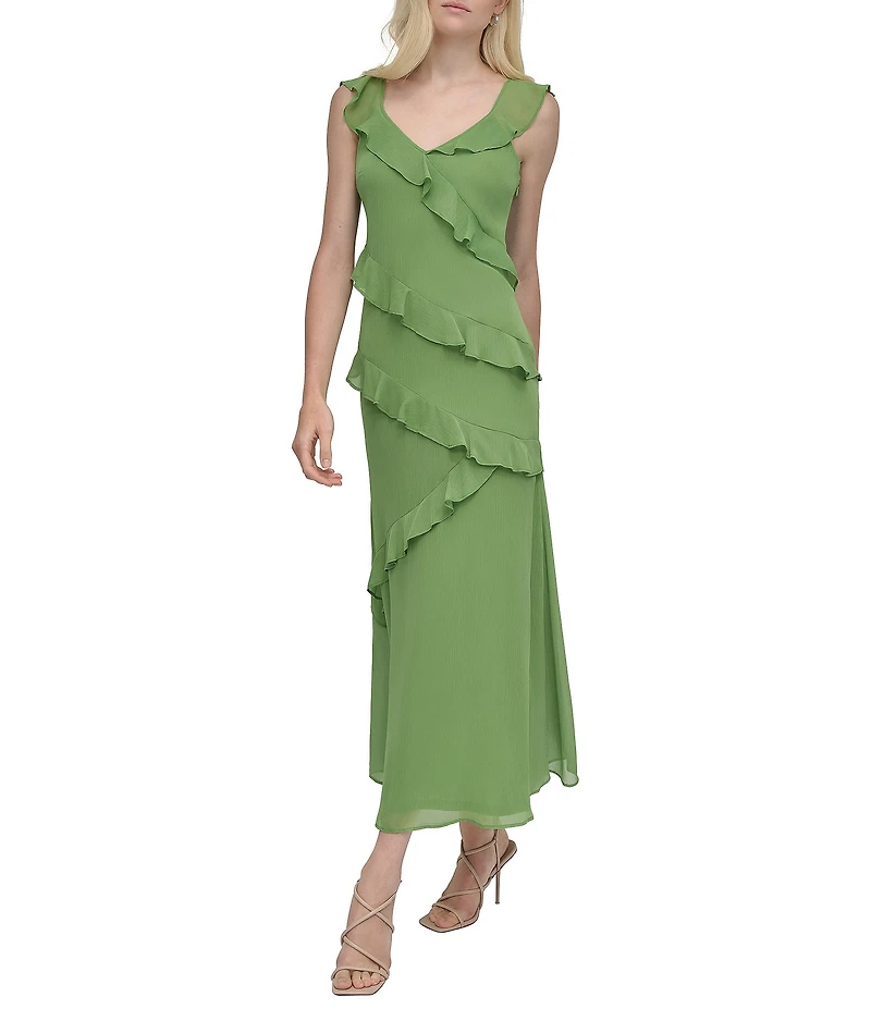 DKNY by Donna Karan Chiffon V Neck Sleeveless Ruffle Sheath Maxi Dress