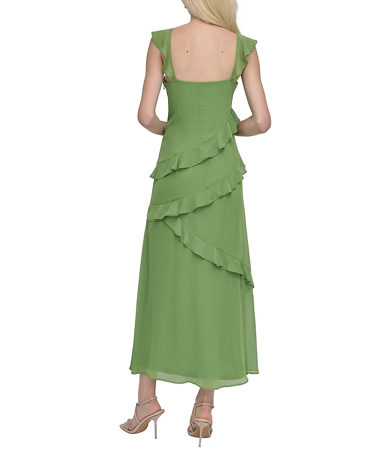 DKNY by Donna Karan Chiffon V Neck Sleeveless Ruffle Sheath Maxi Dress
