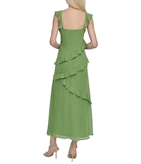 DKNY by Donna Karan Chiffon V Neck Sleeveless Ruffle Sheath Maxi Dress