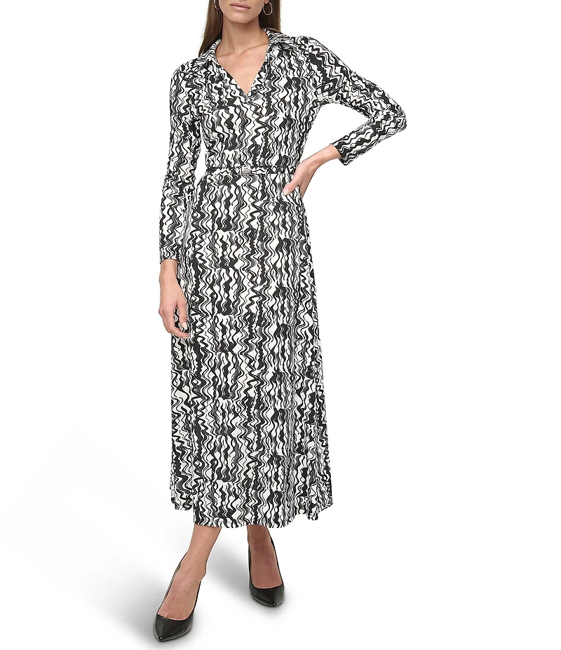 DKNY by Donna Karan Collared V-Neck 3/4 Sleeve Midi Shirt Dress