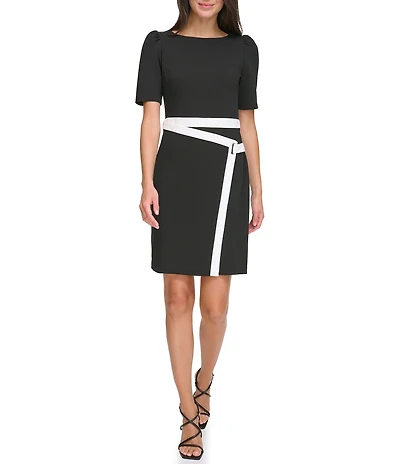 DKNY by Donna Karan Color Block Scuba Crepe Round Neck Short Sleeve Envelope Skirt Sheath Dress