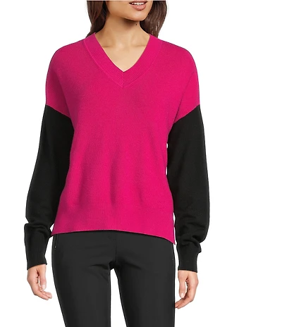 DKNY by Donna Karan Colorblock V-Neck Long Sleeve Sweater