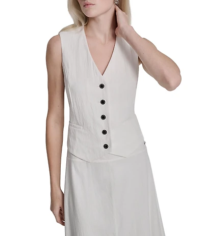 DKNY by Donna Karan Coordinating Arid Pique V-Neck Sleeveless Button-Front Vest