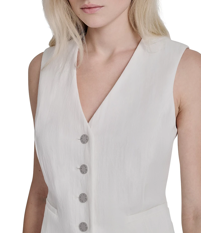 DKNY by Donna Karan Coordinating Arid Pique V-Neck Sleeveless Button-Front Vest