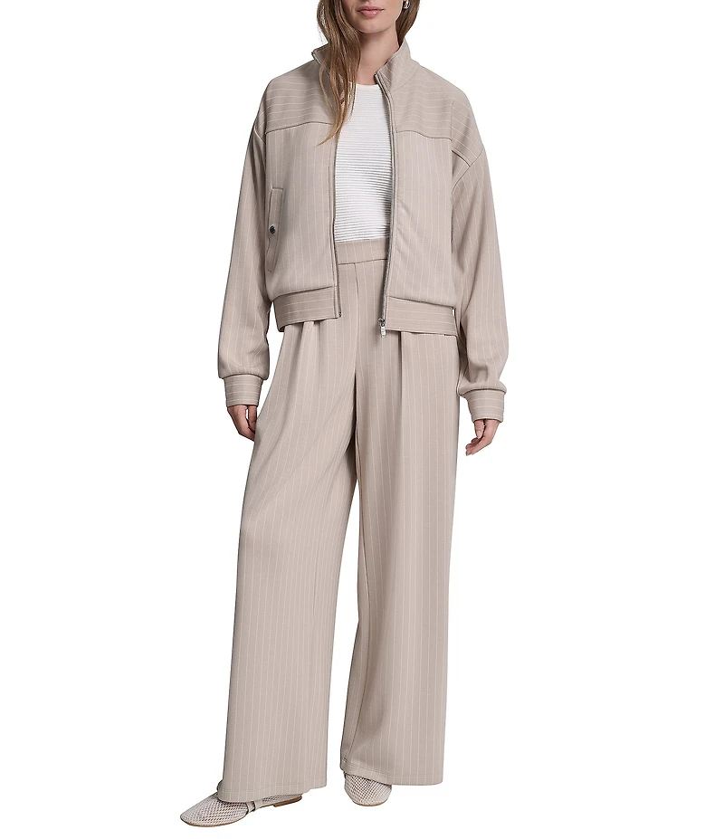 DKNY by Donna Karan Coordinating Cupro Pinstripe Stand Collar Long Sleeve Full Zip Track Jacket