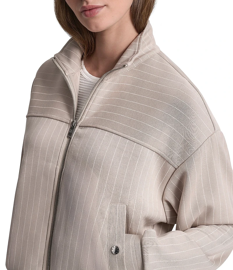 DKNY by Donna Karan Coordinating Cupro Pinstripe Stand Collar Long Sleeve Full Zip Track Jacket