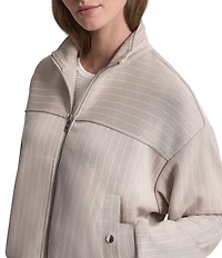 DKNY by Donna Karan Coordinating Cupro Pinstripe Stand Collar Long Sleeve Full Zip Track Jacket