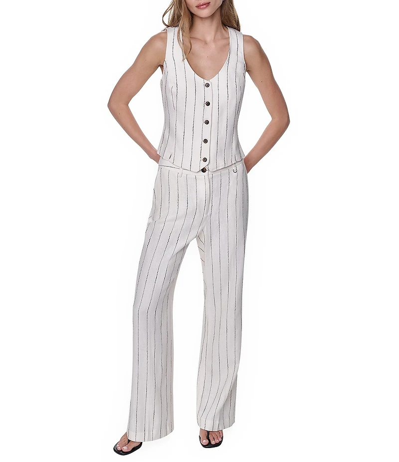 DKNY by Donna Karan Coordinating Linen Blend Heavy Top Stitch Stripe Straight Leg Pants