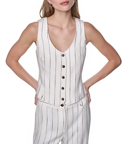 DKNY by Donna Karan Coordinating Linen Blend Heavy Top Stitch Stripe V-Neck Sleeveless Vest