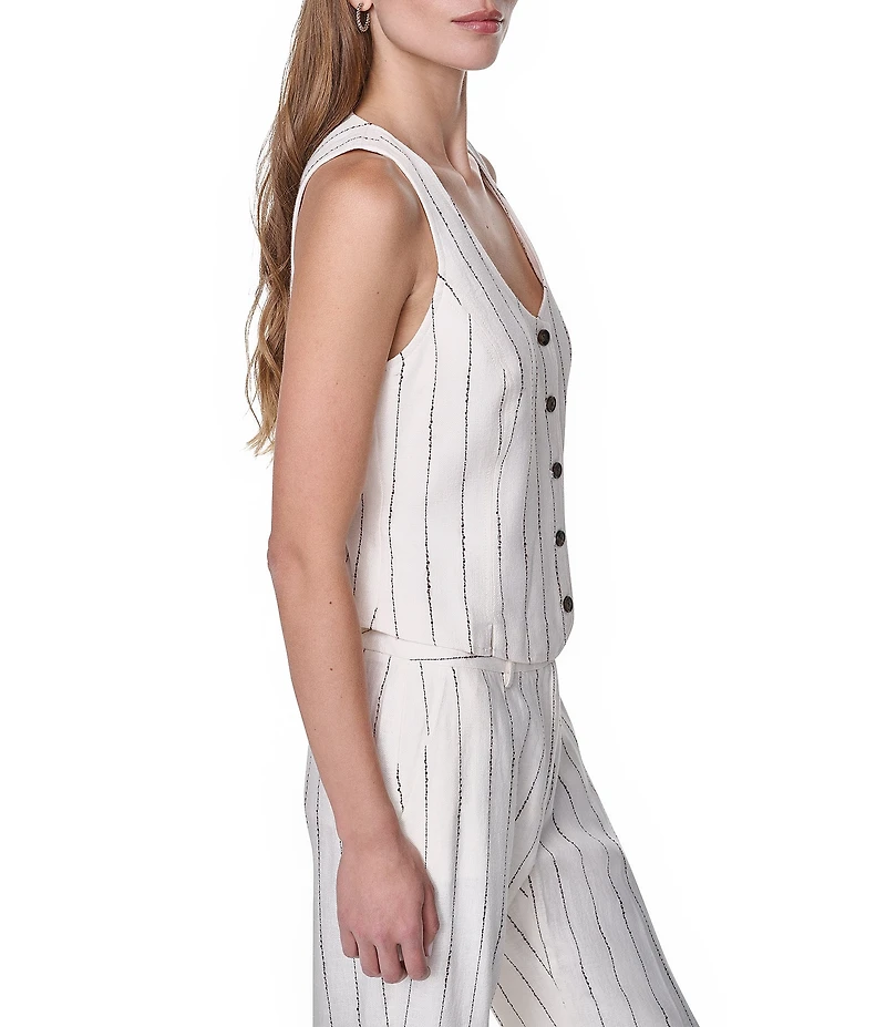 DKNY by Donna Karan Coordinating Linen Blend Heavy Top Stitch Stripe V-Neck Sleeveless Vest