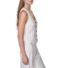 DKNY by Donna Karan Coordinating Linen Blend Heavy Top Stitch Stripe V-Neck Sleeveless Vest