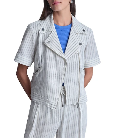 DKNY by Donna Karan Coordinating Linen Blend Stripe Notch Lapel Short Sleeve Moto Jacket