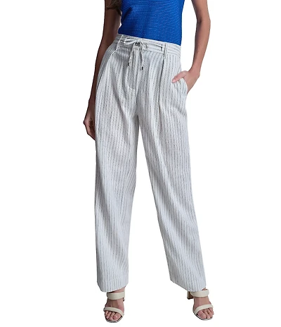 DKNY by Donna Karan Coordinating Linen Blend Stripe Pleated Wide Leg Pants
