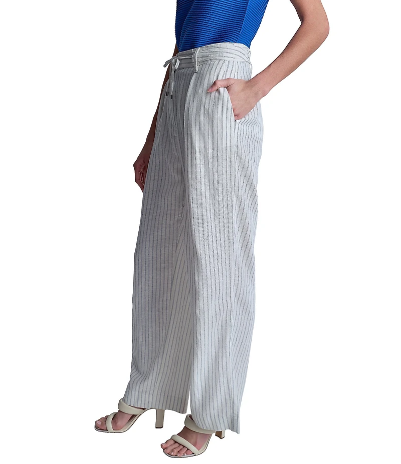 DKNY by Donna Karan Coordinating Linen Blend Stripe Pleated Wide Leg Pants