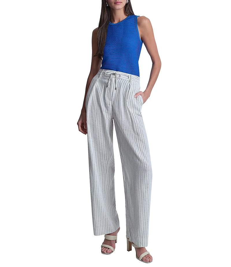 DKNY by Donna Karan Coordinating Linen Blend Stripe Pleated Wide Leg Pants