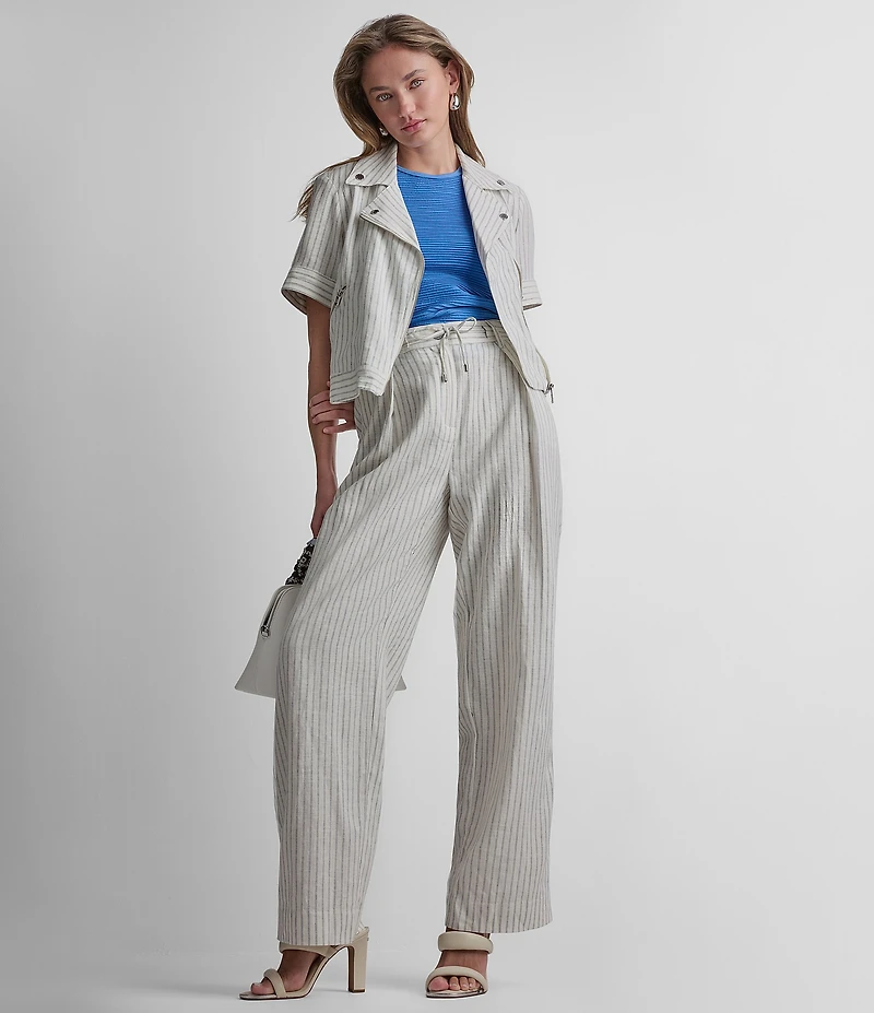 DKNY by Donna Karan Coordinating Linen Blend Stripe Pleated Wide Leg Pants