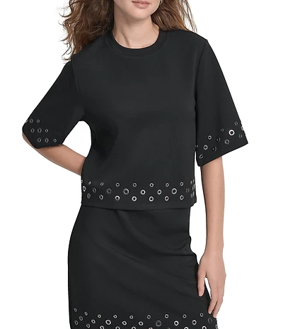 DKNY by Donna Karan Coordinating Ponte Crew Neck Short Sleeve Grommet Hem Top