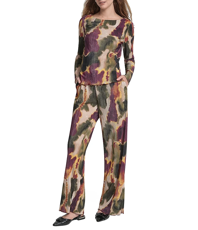 DKNY by Donna Karan Coordinating Printed Plisse Boat Neck Long Sleeve Top