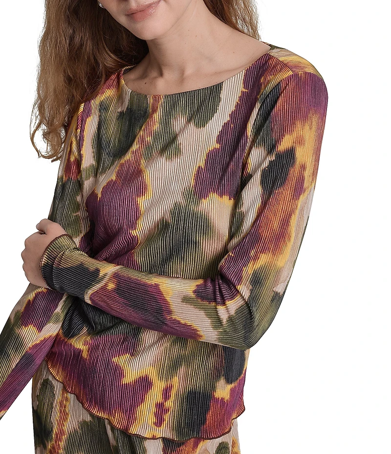 DKNY by Donna Karan Coordinating Printed Plisse Boat Neck Long Sleeve Top