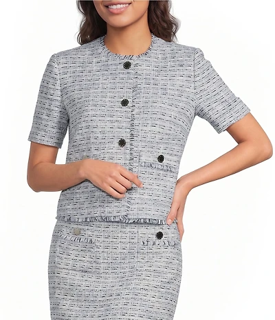DKNY by Donna Karan Coordinating Tweed Crew Neck Short Sleeve Button Front Jacket